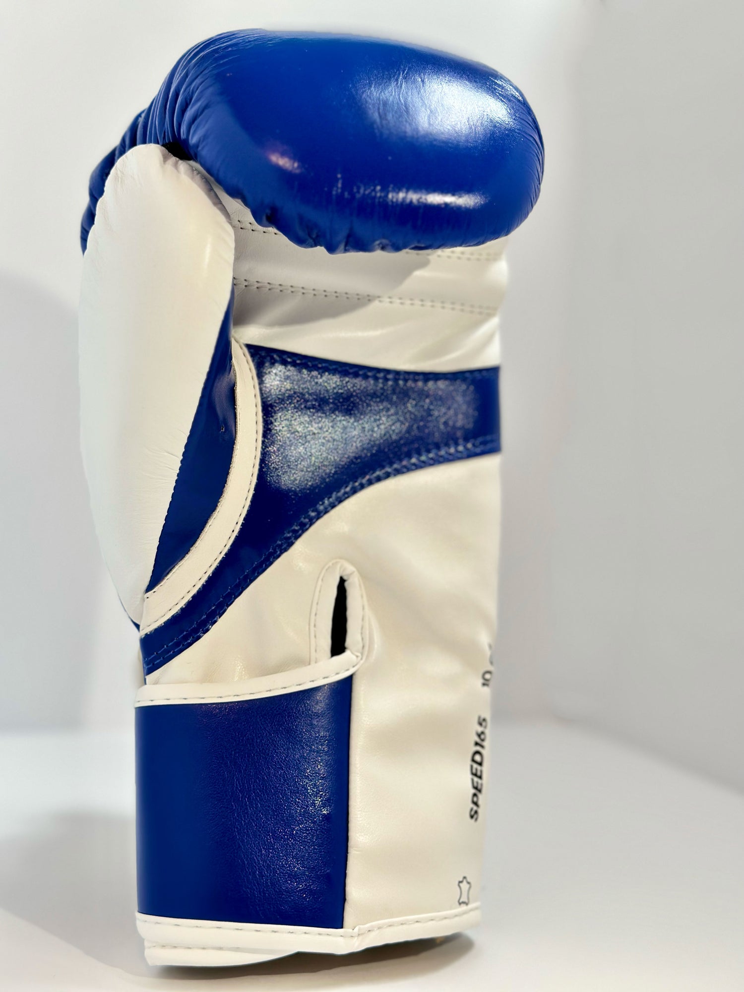 Adidas WAKO Approved Kickboxing Fight Gloves, Cowhide Cuir Leather Speed 165 adiSBG165 Competition Gloves 10 Oz Blue Palm left Hand