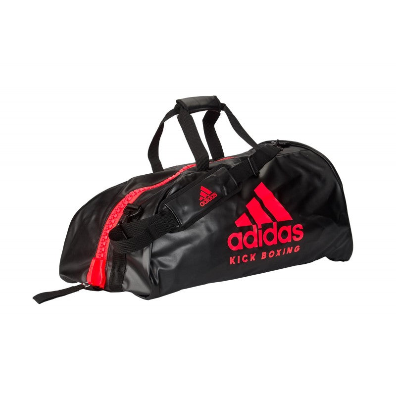 Adidas Kickboxing 2-in-1 Convertible Duffel Bag to Backpack adiACC051: Versatile MMA, Martial Arts, Kickboxing Equipment Bag in Black/Fiery Red PU Material.
